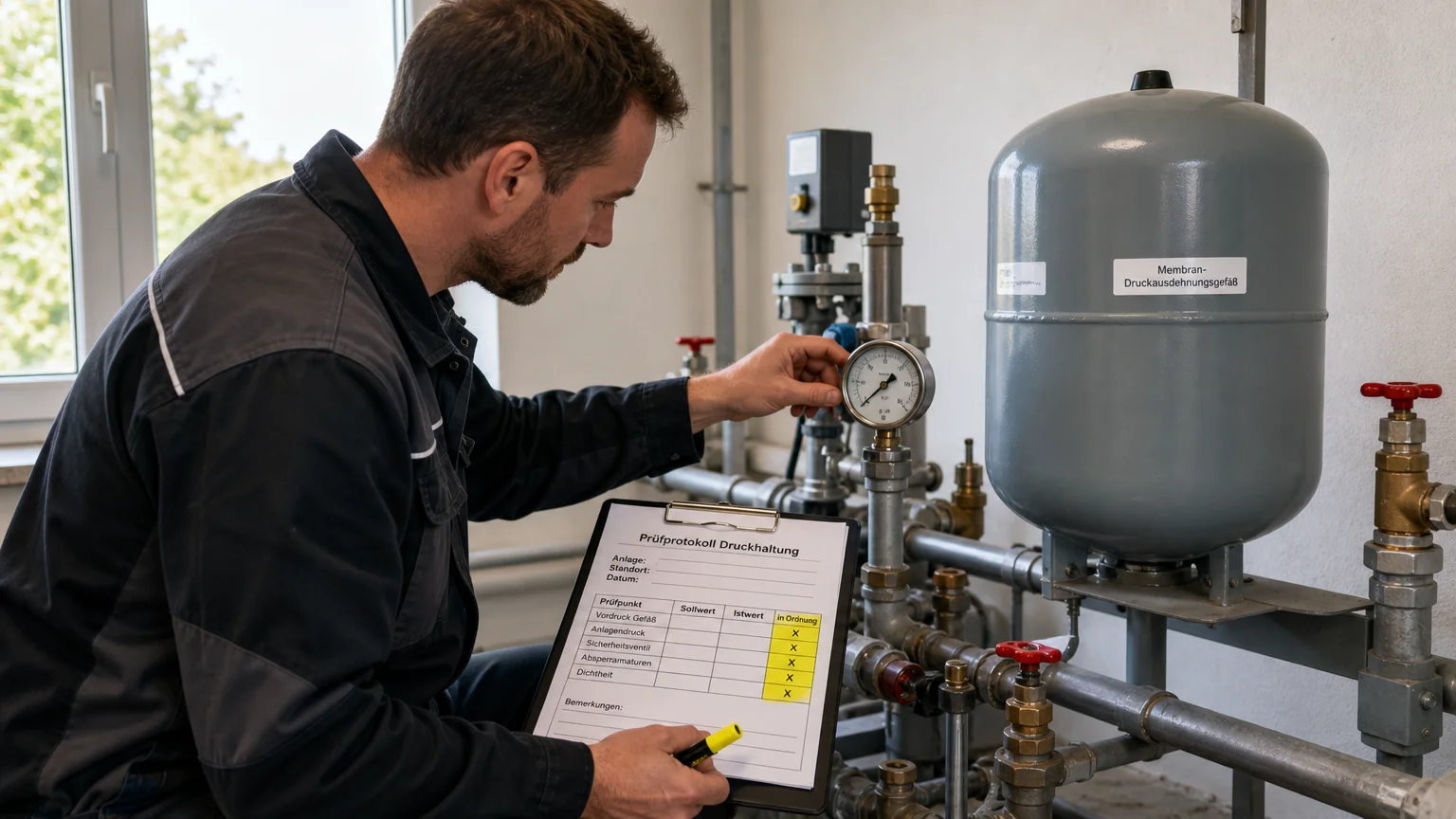 Servicetechniker prüft eine Druckhaltestation im Technikraum