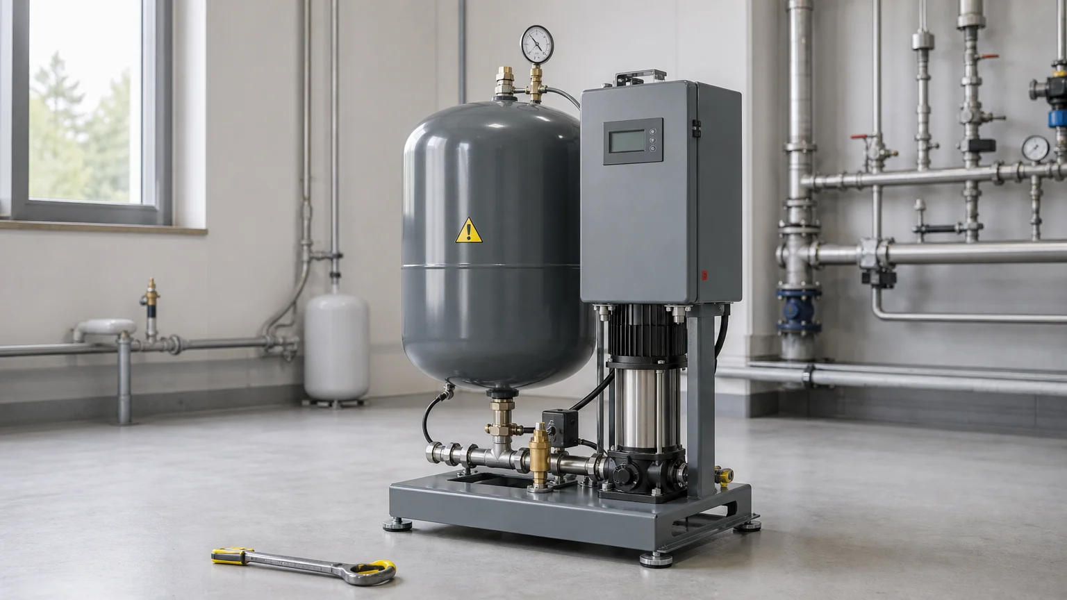 Druckhaltestation in einem technischen Anlagenraum mit Wartungswerkzeug