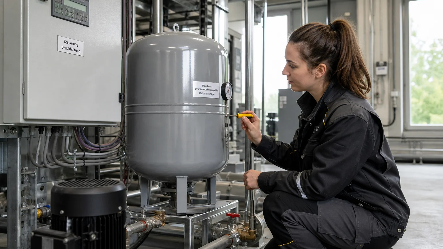 Servicetechnikerin prüft eine Druckhalteanlage im technischen Anlagenraum