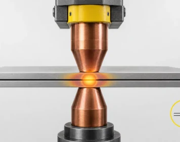 Technische Darstellung einer Widerstandsschweißverbindung zwischen zwei Metallblechen
