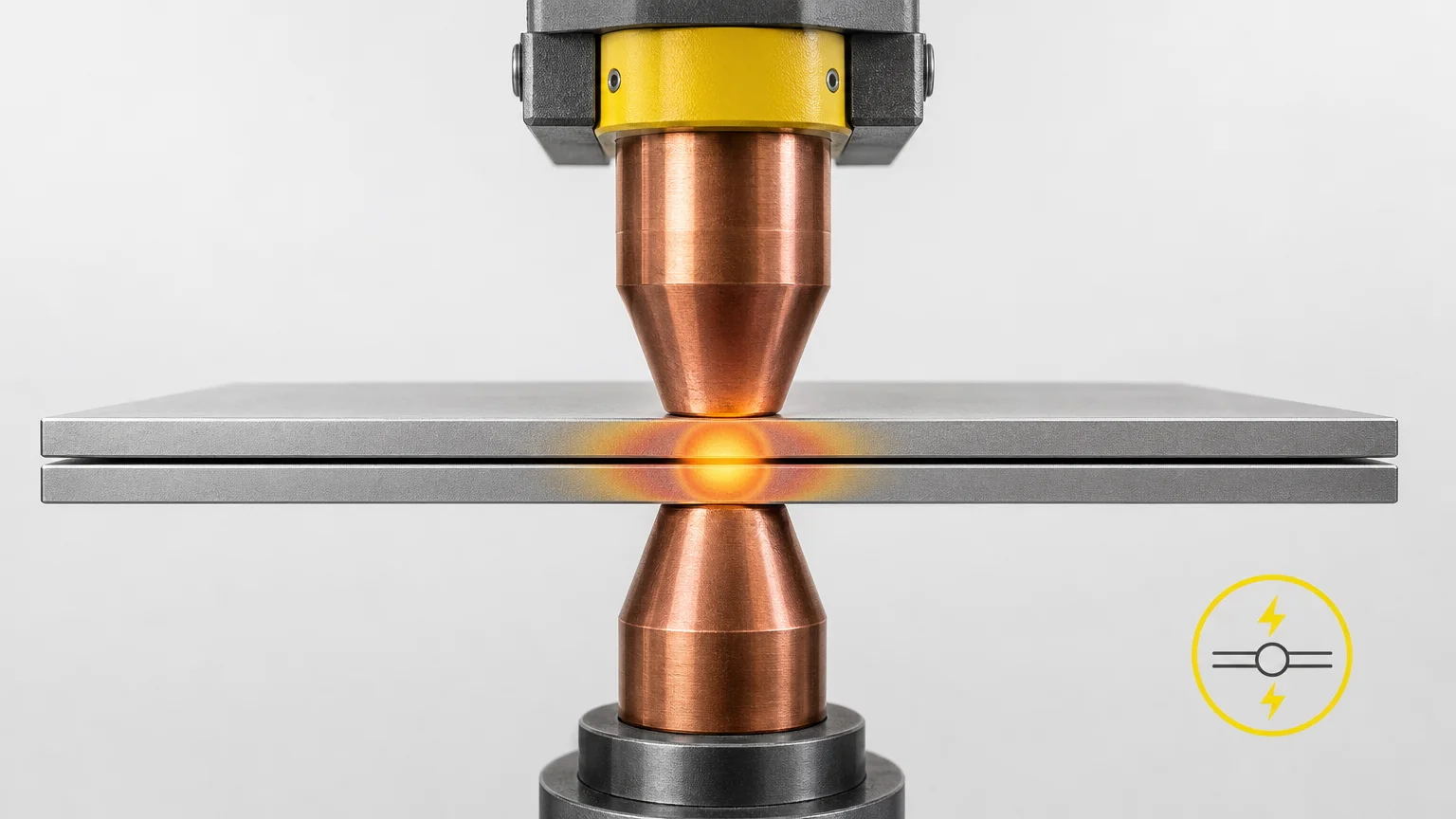 Technische Darstellung einer Widerstandsschweißverbindung zwischen zwei Metallblechen