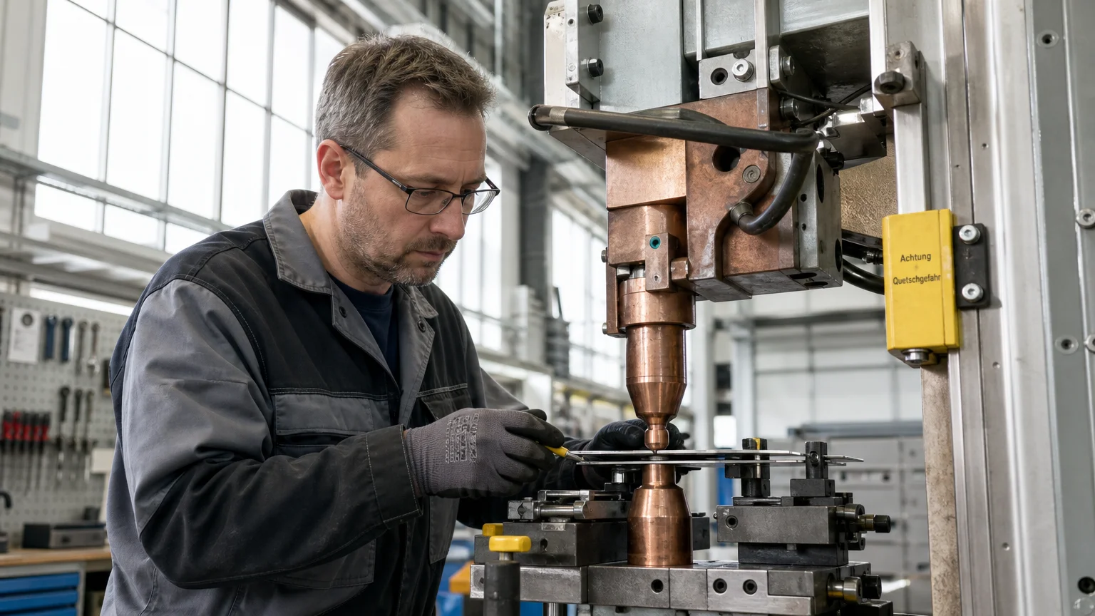 Fachkraft richtet eine industrielle Widerstandspunktschweißmaschine ein