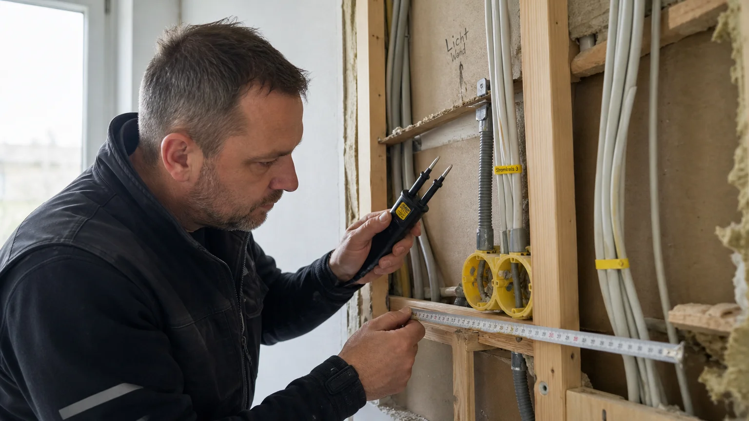 Elektrofachkraft prüft Leitungswege und Leerrohre in einer geöffneten Innenwand
