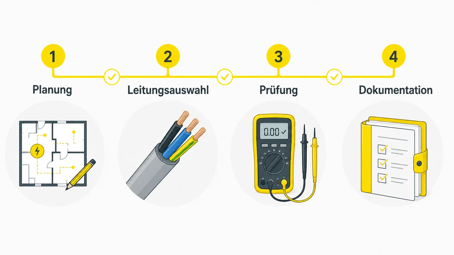 Checkliste mit den Schritten Planung Leitungsauswahl Prüfung und Dokumentation