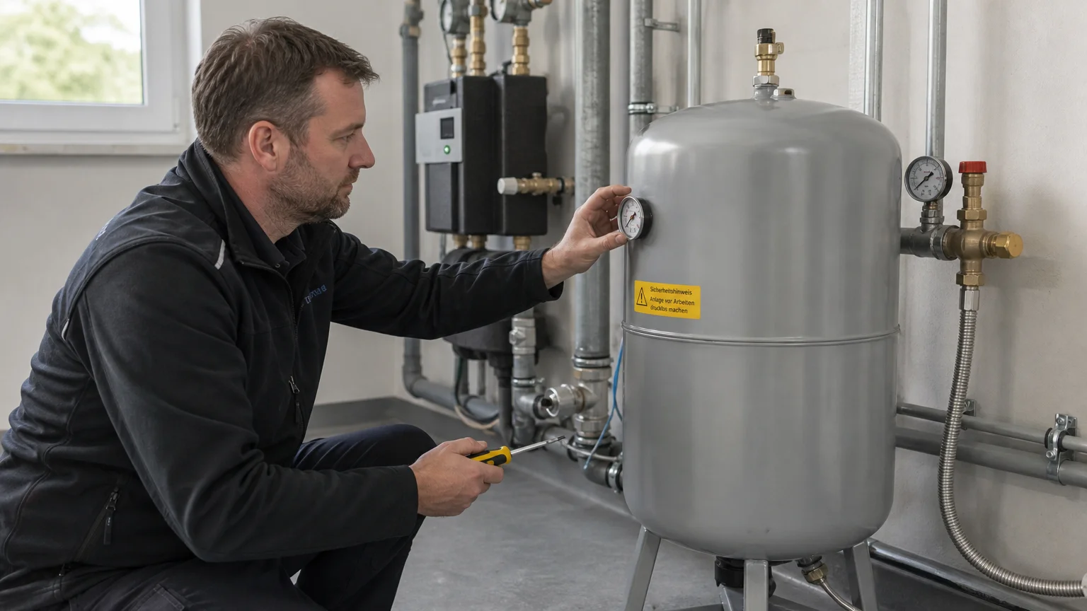 Servicetechniker prüft ein Membran-Druckausdehnungsgefäß im Heizungsraum